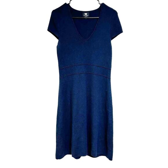 W by Worth 100% Wool Navy Blue Sweater Dress Mock Waist V Neck size M - Picture 1 of 9